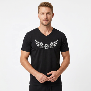 T-shirt à manches courtes pour homme, col en V, noir, avec logo argenté imprimé, style décontracté, coupe classique, jersey en coton - Product Image 4