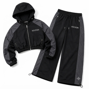 Vocksin <b>Women's</b> Black Charcoal Cropped Hooded Windbreaker Tracksuit Waterproof Zipper <b>Jacket</b> Fleece Lining High Street Style - Product Image 4