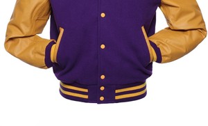 Men's <b>Purple</b> Gold <b>Varsity</b> <b>Jacket</b> PU Leather Sleeve Turn-down Collar Regular Fit Preppy Style Autumn Wear - Product Image 2