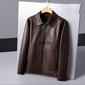 Blouson en cuir PU noir pour homme, imprimé par transfert thermique, logo personnalisé tricoté, col rabattable, fermeture éclair, respirant, décontracté - Product Image 4