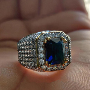 Emerald Cut Blue Sapphire Gemstone <b>Ring</b> 925 <b>Sterling</b> <b>Silver</b> Wedding <b>Ring</b> Big <b>Mens</b> Iced Out <b>Ring</b> Hip Hop Style Statement Jewelry - Product Image 2