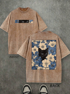 เสื้อยืดลายแมวพิมพ์ลายดอกไม้สองด้าน ผ้าคอตตอนเนื้อหนัก ซักแล้ว ทรงวินเทจ สตรีทแวร์ ใส่ได้ทั้งผู้ชายและผู้หญิง - Product Image 1