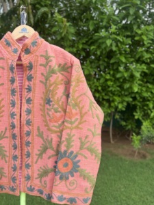 Artisan Crafted Knitted Breathable Stand Collar Floral Embroidery Jacket <b>for</b> <b>Women</b> | Premium Autumn Cotton Designer Fashion <b>Coat</b> - Product Image 3