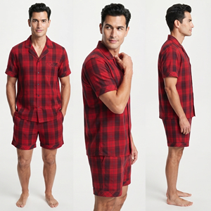 Conjunto de Pijama a Cuadros para Hombre, Camisa de Manga Corta y Pantalones Cortos, 100% Algodón Franela, Camisa con Bolsillo y Pantalones Cortos a Cuadros, Dos Piezas - Product Image 1