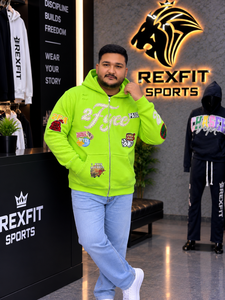Sudadera con capucha verde neón personalizada para hombre, estilo urbano, con bordado gráfico, forro polar oversize y parches, ropa deportiva OEM - Product Image 1