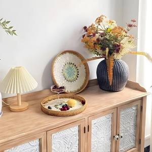 Spring Flower Round Handmade Rattan Mother Pearl Serving Tray Coffee <b>table</b> tray Decorative tray Tea tray Cocktail tray - Product Image 5