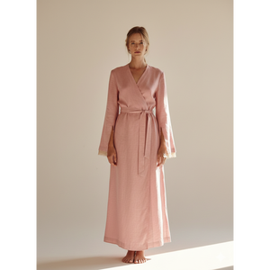 Vestido Maxi Cruzado con Cuello en V de Lujo, Mezcla de Lino, Manga Larga, con Cinturón, Estilo Minimalista, Clásico con Lazo en la Cintura - Product Image 2