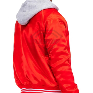 Chaqueta de béisbol informal de satén para hombre, de invierno, con capucha, de poliéster, con botones decorativos personalizados, tela de satén, chaqueta universitaria bordada. - Product Image 3
