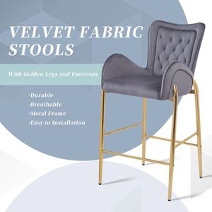 Set di 2 Sgabelli da Bar Alti 73 cm con Braccioli in Velluto, Gambe Dorate e Poggiapiedi Grigi - Product Image 5
