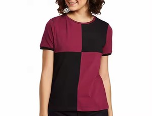 Camiseta de Manga Corta con Cuello en V y Bloques de Color para Mujer, Corte Regular, 100% Poliéster, Tejido de Punto, Informal, Transpirable, Estilo Urbano - Product Image 1