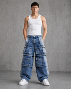 Pantalon cargo en denim délavé pour homme, taille mi-haute, coupe ample, plusieurs poches, style streetwear décontracté, longueur intégrale, bleu - Product Image 4