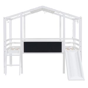 Letto a soppalco singolo con scaletta e scivolo, letto a casetta per bambini con lavagna e striscia luminosa sul tetto, colore bianco - Product Image 5