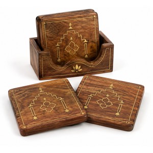 For <b>Wood</b> Brass Inlay Traditional Abstract <b>Trivet</b> Set-Kerala Temple Design Wholesale - Product Image 1