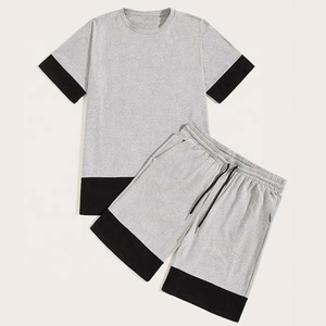 Men's Gray Cotton T-Shirt And Shorts <b>Set</b> Crew Neck Color Blocking Casual Summer Wear Breathable <b>Knitted</b> Fabric - Product Image 3
