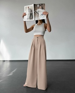 Women's High Waist Wide Leg Palazzo Pants Elegant Breathable 100% Polyester Pleated Front Loose Fit Customizable <b>Trousers</b> - Product Image 6