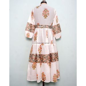 เดรสลำลองทรงเอไลน์ คอวี แขนพอง ลายพิมพ์บล็อกด้วยมือสำหรับผู้หญิง ไซส์พลัส กระดุมผ่าหน้า ความยาวระดับข้อเท้า เอวธรรมชาติ - Product Image 6