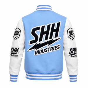 แจ็คเก็ตวาร์ซิตี้แบบกำหนดเองของ SHH INDUSTRIES สำหรับผู้ชาย ปักลายตัวอักษร แจ็คเก็ตเบสบอลทรงบอมเบอร์ แขนสีขาว สไตล์วิทยาลัย สตรีทแวร์ - Product Image 2