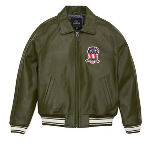 Blouson aviateur en cuir vert olive pour homme Avirex, col rabattu, fermeture éclair, design patchwork, style moto, vêtement d'automne - Product Image 1