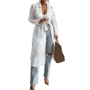 Camisas elegantes Gabardina Ver a través de encaje hasta primavera Sólido Malla transparente Abrigo abotonado de manga larga con cinturón Disponible en cuero - Product Image 4