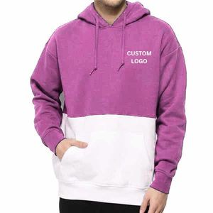 Sweat-shirt à capuche color block pour homme, coupe oversize, en molleton de coton, décontracté, blanc et bleu, avec poches, collection automne - Product Image 5