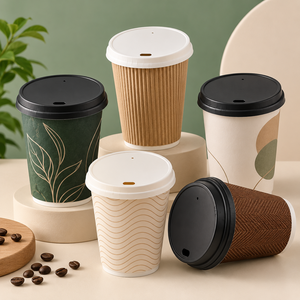 Couvre-tasses à café jetables EcoRev blancs et noirs en plastique anti-déversement, faciles à ouvrir, avec conception anti-vapeur et fermeture côtelée pour gobelets à boissons - Product Image 1