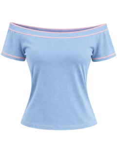 Camiseta Naranja para Mujer, con Hombros Descubiertos, Ribete de Rayas en Contraste, Manga Corta, Corte Ajustado, Informal, Verano, Fabricante OEM Personalizado - Product Image 1