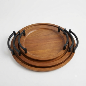 Ensemble de plateaux de service en bois faits à la main avec poignées en métal noir, plateaux ronds emboîtables, présentoir alimentaire de table, décoration de la maison - Product Image 1