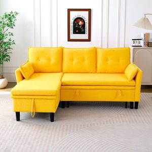 Sofá Seccional en Forma de L Reversible con Espacio de Almacenamiento, Tapizado en Lino de Algodón Amarillo, para Oficina y Apartamento - Product Image 3
