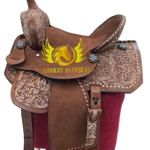 Silla de montar de cuero para caballo, estilo western, personalizada con grabado floral, de cuero rugoso, duradera, portátil, tipo inglés, para carreras de barriles y equitación, con base de madera - Product Image 1