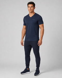 Men's Navy V-Neck Short Sleeve <b>T</b>-<b>Shirt</b> Regular Fit Quick Dry Knitted Fleece <b>Polyester</b>/Cotton Casual Wear Front Logo Breathable - Product Image 1