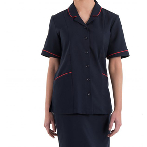 Tunique blanche à manches courtes pour femmes, bordure marine, respirante, en coton/polyester/spandex, uniforme pour esthéticiennes, infirmières, personnel hôtelier - Product Image 4