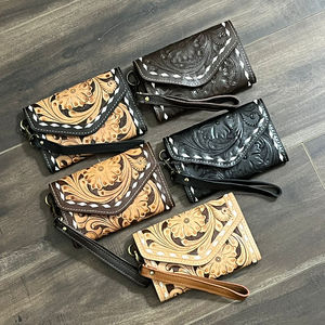 Low Price Fashionable Western Style Genuine Cowhide Leather Cowgirl Wallet Floral Pattern <b>Wristlet</b> Clutch for Travel Organizer - Product Image 4
