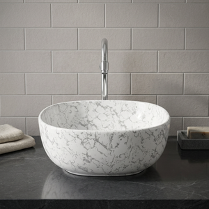 Lavabo de salle de bain rectangulaire moderne en céramique, aspect marbre blanc, design artistique - Product Image 3
