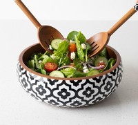 Bol rond en bois de grande taille, de haute qualité, avec autocollant émaillé imprimé, pour servir, mélanger, salade, soupe, fait main, personnalisé.