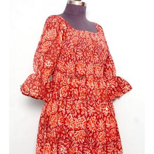 Summer Maxi Dress <b>bell</b> Sleeves Multi Color Cotton Belt Modest Vibe square Neck Digital Printed Sweet Natural waist dress - Product Image 5