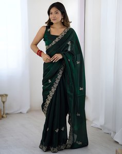 Sari moderne pour femme en tissu satiné doux avec broderie de sequins et motif en relief, séchage rapide, toutes saisons, idéal pour mariages et occasions festives - Product Image 3