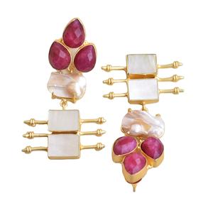 Natural Brass Drop <b>Earrings</b> Premium Pearl Handcrafted Semi Precious Satin Brass Finish Nickel Free Durable High Quality - Product Image 5