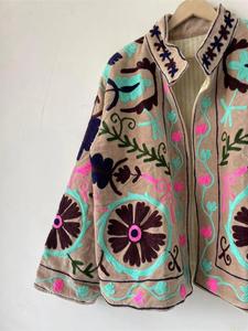 Vintage Beige <b>Velvet</b> Embroidered <b>Jacket</b> with Floral Pattern Full Sleeve Stand Collar Bohemian <b>Women's</b> Autumn Outerwear - Product Image 2