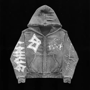 Sweat à capuche zippé surdimensionné en coton molletonné pour homme, style streetwear vintage, avec broderie appliquée, effet vieilli, délavé à l'acide et strass - Product Image 6