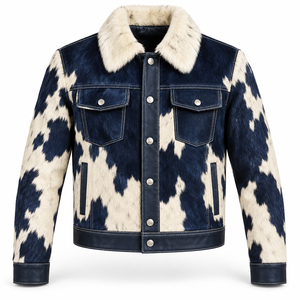 Chaqueta de Cuero Vacuno para Hombre con Botones Frontales, Estilo Western con Parches, Cuello de Felpa, Estilo Vaquero Corto, Ropa Exterior Retro Casual a la Moda - Product Image 1