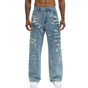 <b>Mens</b> Light Blue Distressed Wide Leg Jeans Relaxed Fit Ripped Denim Pants Vintage Washed Casual Streetwear <b>Trousers</b> Wholesale - Product Image 1