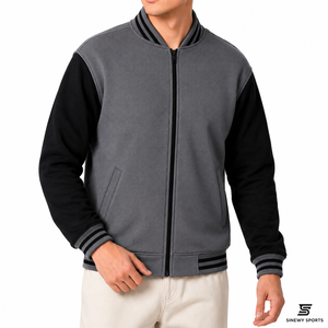 SINEWY SPORTS Men's Varsity <b>Jacket</b> Gray <b>Black</b> Sleeve Zipper Closure Casual Regular Fit <b>Fleece</b> Material Spring Season - Product Image 3