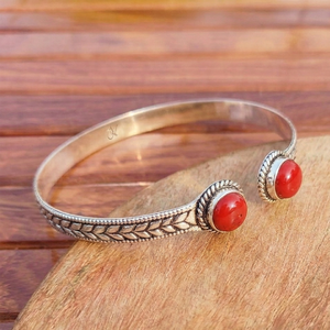 Boho Coral Duo Stone Open <b>Cuff</b> Bangle Artisan <b>Silver</b>/Gold Plated Unisex Statement <b>Bracelet</b> Wholesale Jewelry - Product Image 5