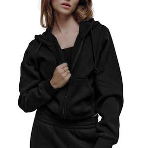 Sweat-shirt à capuche zippé noir pour femme, en molleton de coton, style streetwear décontracté, personnalisable avec logo, vente en gros OEM – Meilleures ventes - Product Image 3