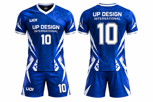 ชุดเสื้อฟุตบอลแบบยูนิเซ็กซ์พร้อมกางเกงขาสั้น พิมพ์ลายแบบซับลิเมชั่น ชุดฟุตบอลผ้าโพลีเอสเตอร์ 100% ระบายอากาศได้ดี สีน้ำเงินขาว ชุดกีฬาทีม - Product Image 1