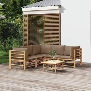 Set Lounge da Giardino Modulare in Bambù e Poliestere Color Tortora, Misura Standard per Divani da Giardino - Product Image 1