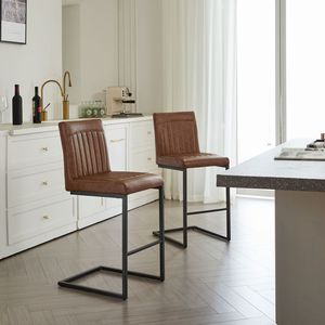 Vintage 26-Inch Counter Height Bar <b>Stool</b> Brown Faux <b>Leather</b> with Sturdy Black Metal Frame Vertical Tufted Backrest Footrest - Product Image 4