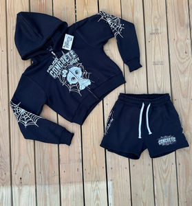 Ensemble personnalisé veste zippée et short, survêtement vintage délavé à l'acide avec fermeture éclair, ensemble sweat à capuche zippé et short de jogging orné de strass et imprimé DTG - Product Image 3