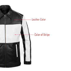 Blouson de moto en cuir véritable pour homme, noir et blanc, col rabattu, fermeture éclair, coupe classique, pour l'automne - Product Image 2