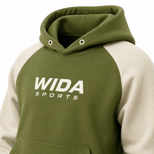 Sweat à capuche personnalisé en polaire polyester, couleur crème vert olive, blocs de couleurs, manches raglan - Product Image 5